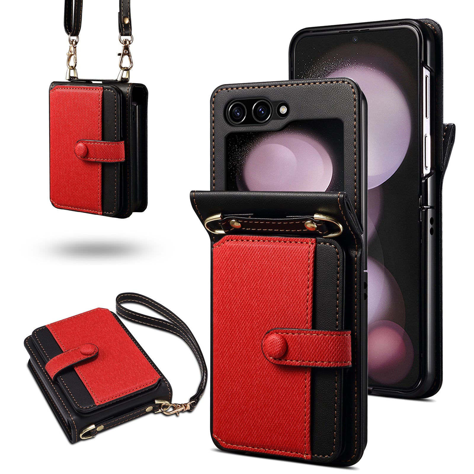 For Samsung Galaxy Z Flip5 5G Case PU Leather+PC Phone Protective Cover with Strap