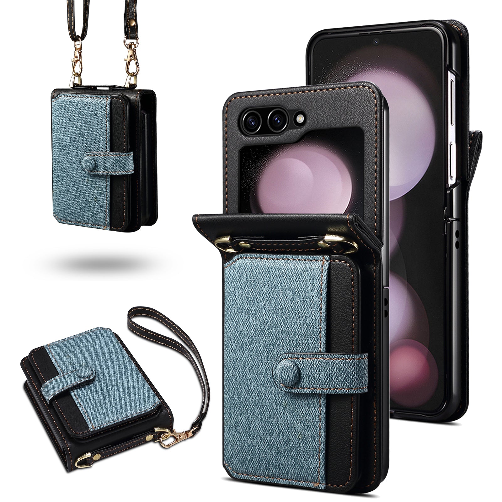 For Samsung Galaxy Z Flip5 5G Case PU Leather+PC Phone Protective Cover with Strap