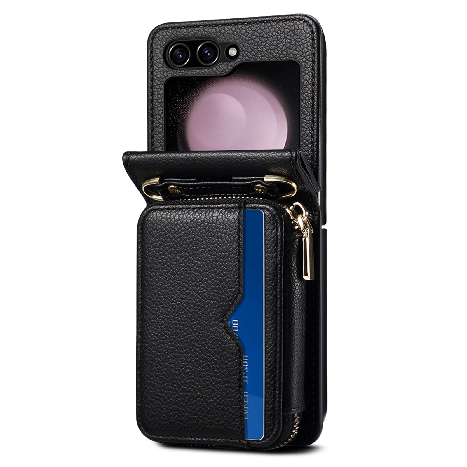 For Samsung Galaxy Z Flip5 5G Phone Cover Zipper Design PU Leather+PC Phone Cover with Strap