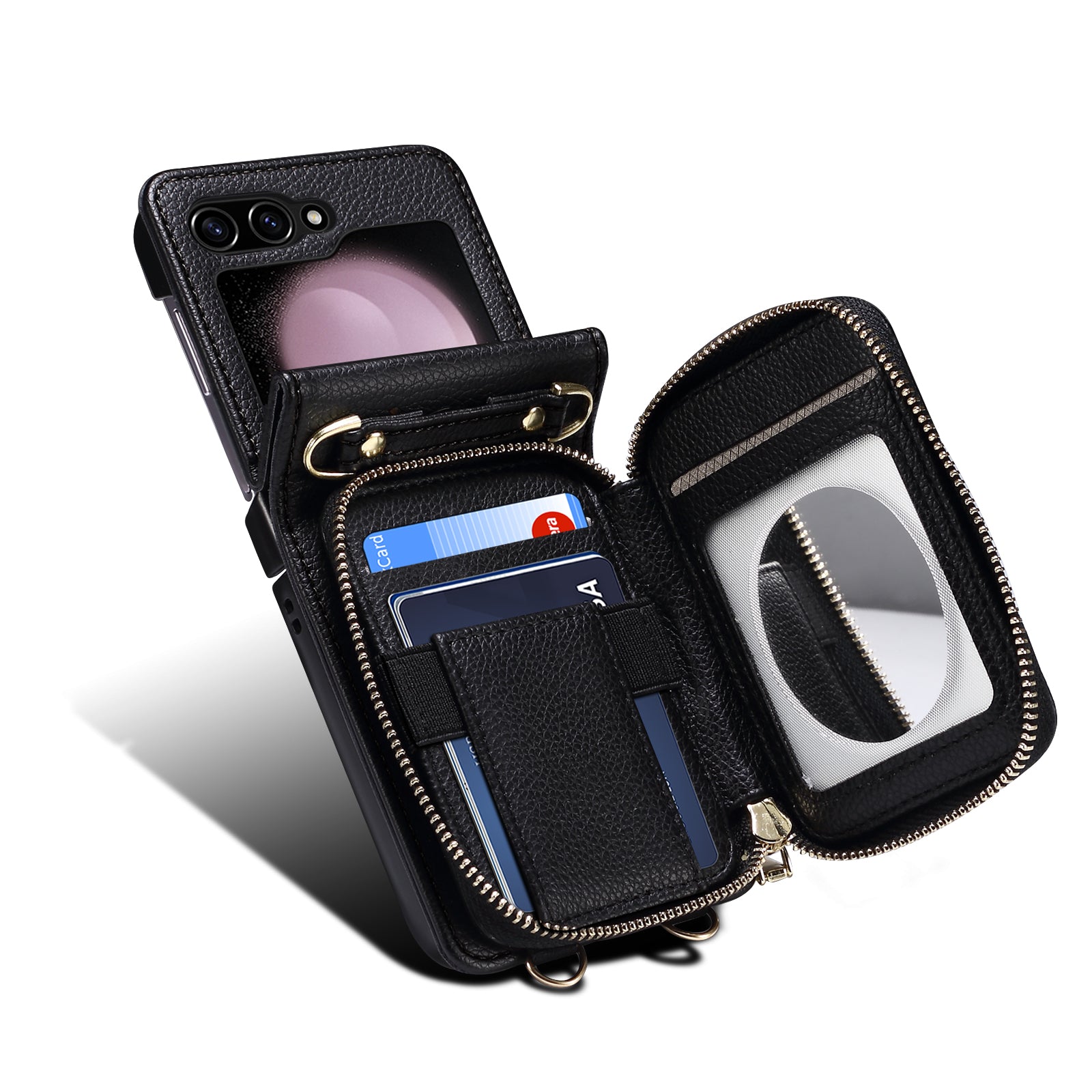 For Samsung Galaxy Z Flip5 5G Phone Cover Zipper Design PU Leather+PC Phone Cover with Strap