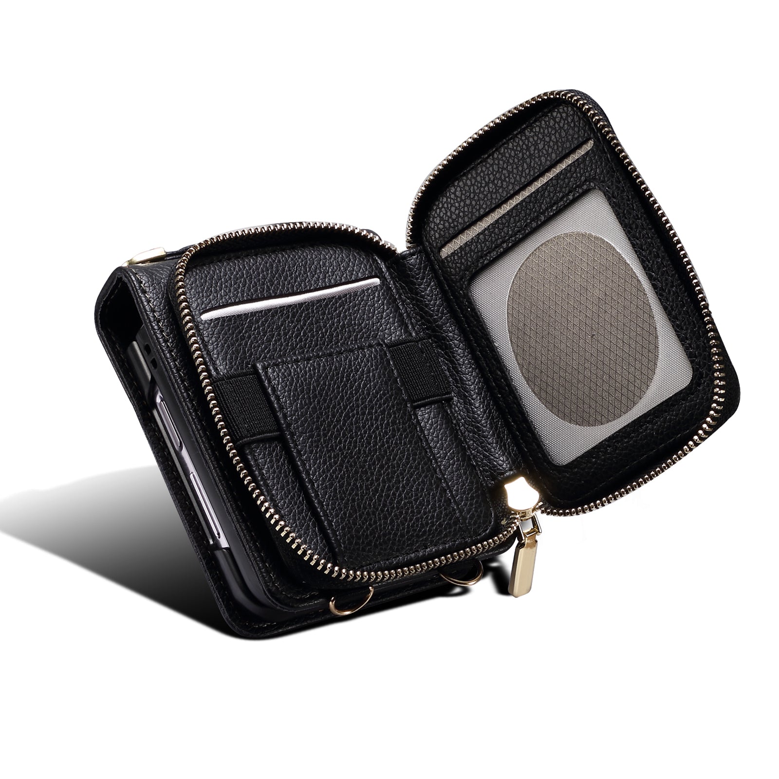 For Samsung Galaxy Z Flip5 5G Phone Cover Zipper Design PU Leather+PC Phone Cover with Strap