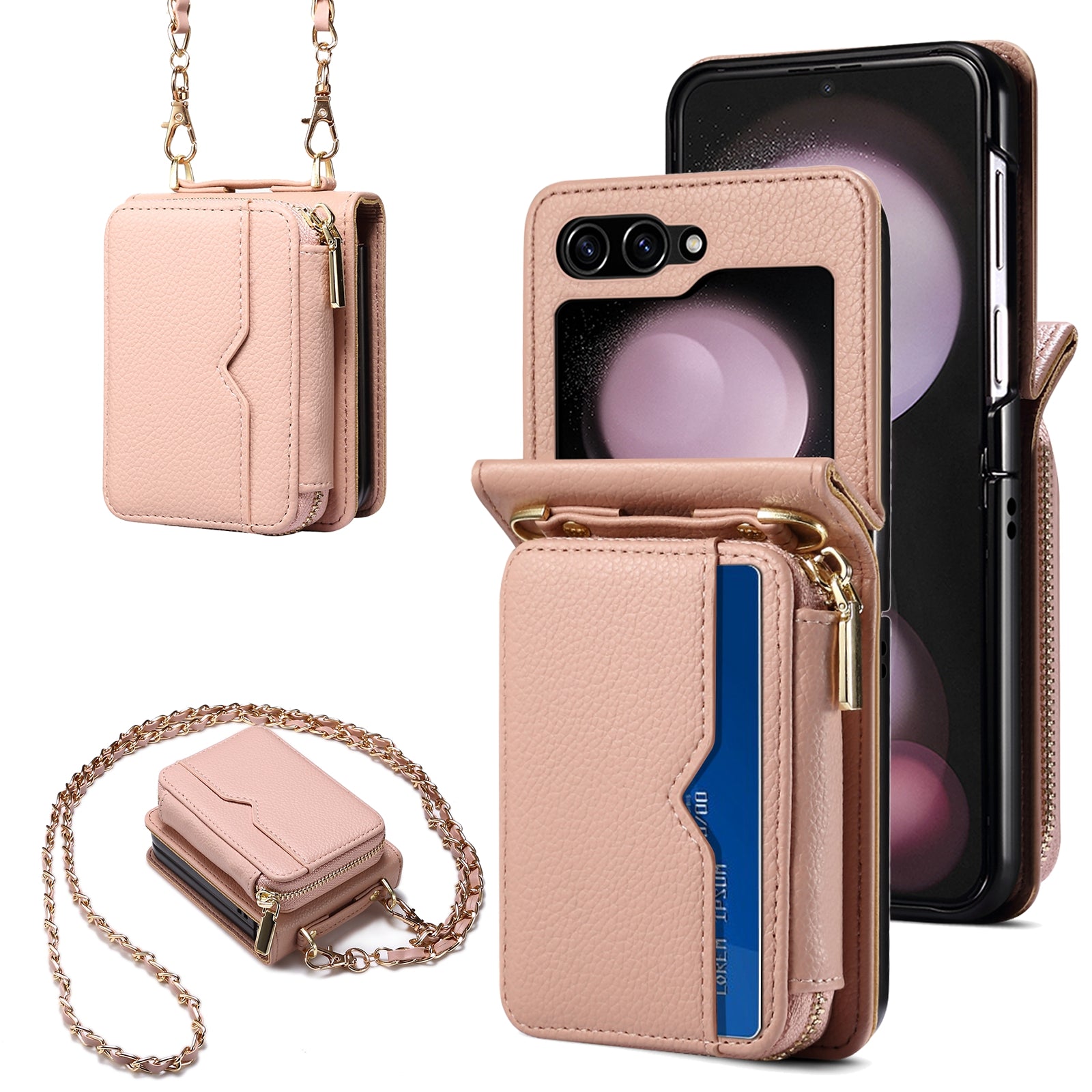 For Samsung Galaxy Z Flip5 5G Phone Cover Zipper Design PU Leather+PC Phone Cover with Strap