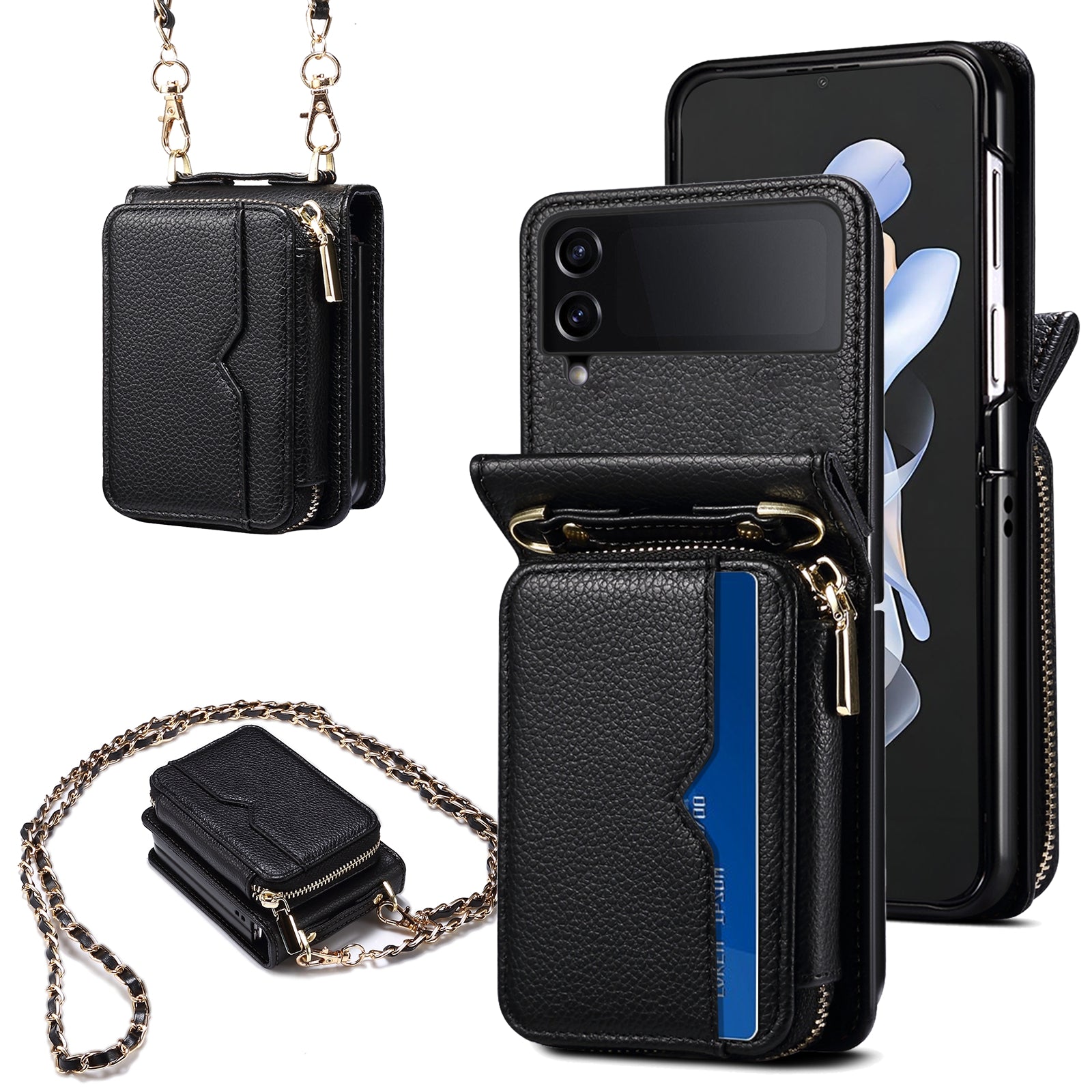 For Samsung Galaxy Z Flip4 5G Case Multi-card Slot PU Leather+PC Phone Protector with Strap