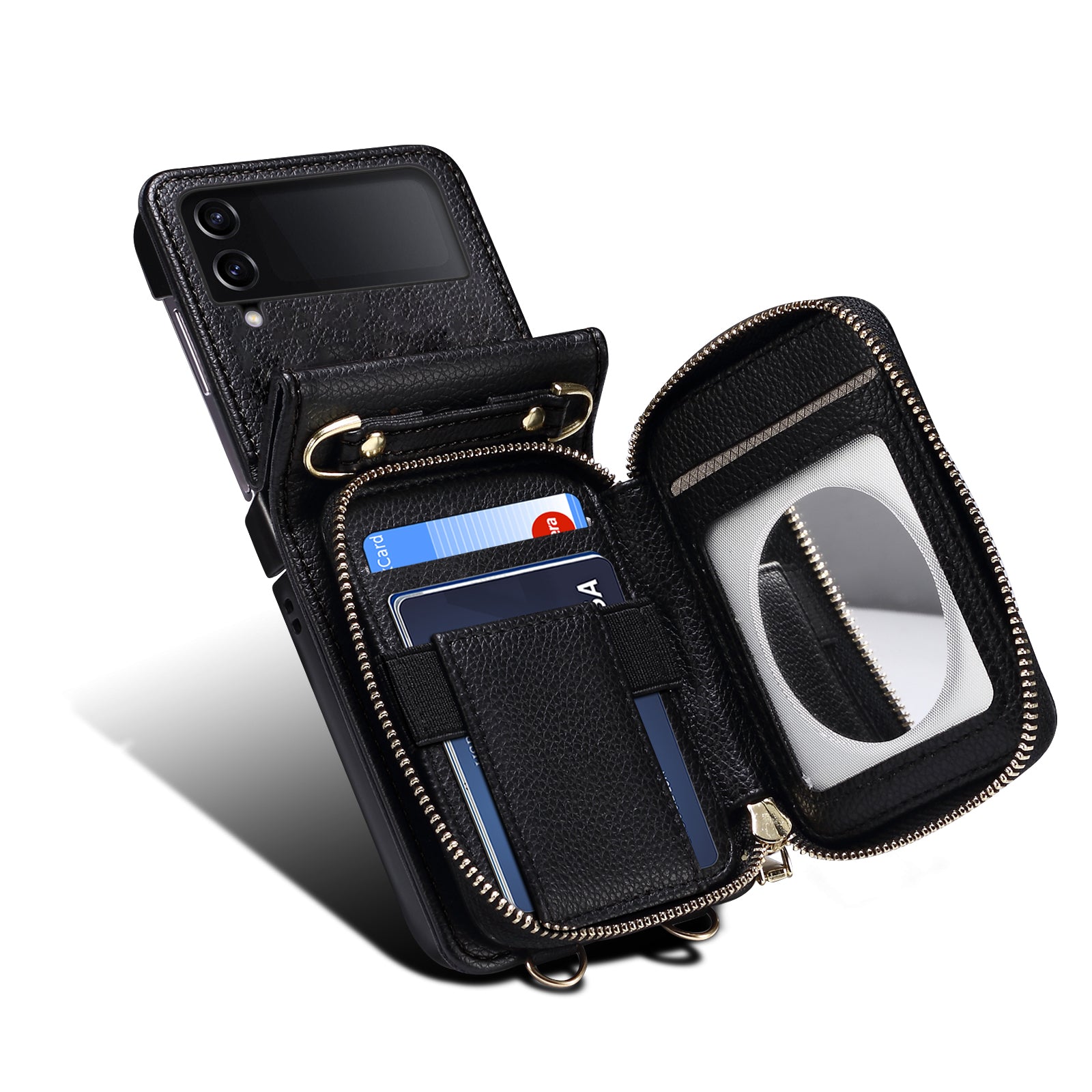 For Samsung Galaxy Z Flip4 5G Case Multi-card Slot PU Leather+PC Phone Protector with Strap