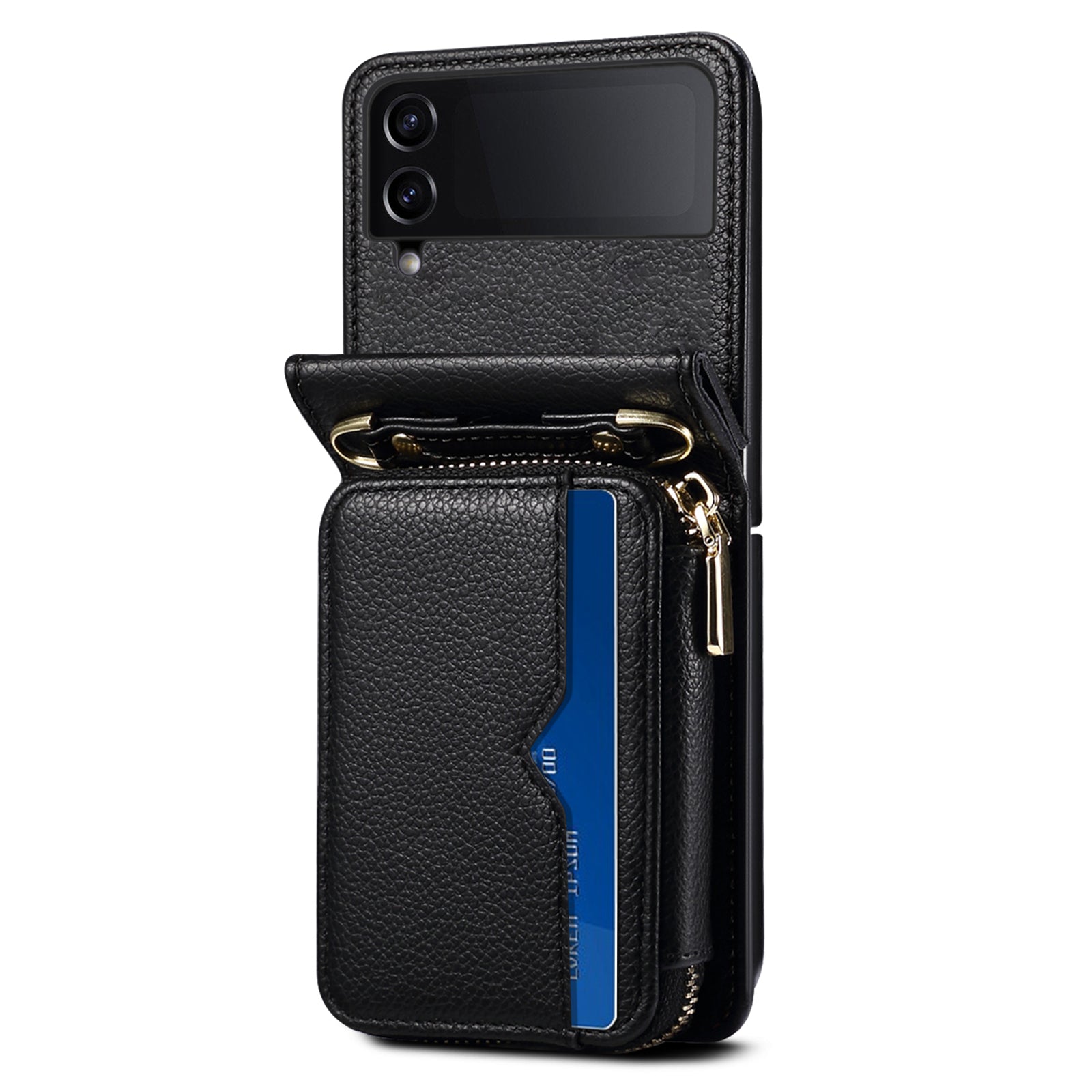 For Samsung Galaxy Z Flip3 5G Cover PU Leather+PC Phone Protective Case Card Holder with Strap