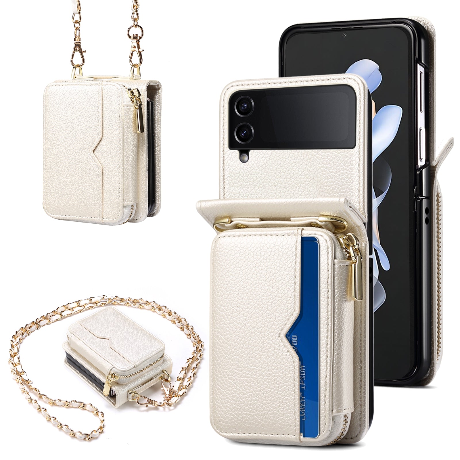 For Samsung Galaxy Z Flip3 5G Cover PU Leather+PC Phone Protective Case Card Holder with Strap