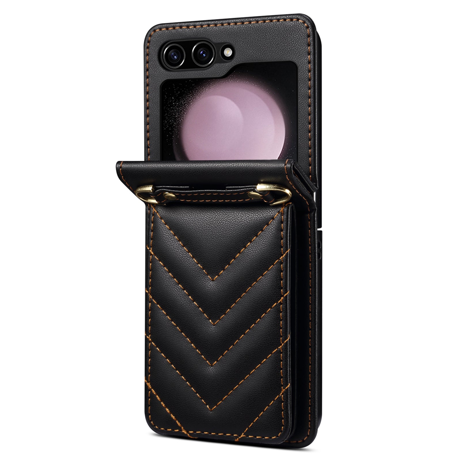 For Samsung Galaxy Z Flip5 5G Phone Case PU Leather+PC Phone Shell Card Holder with Strap