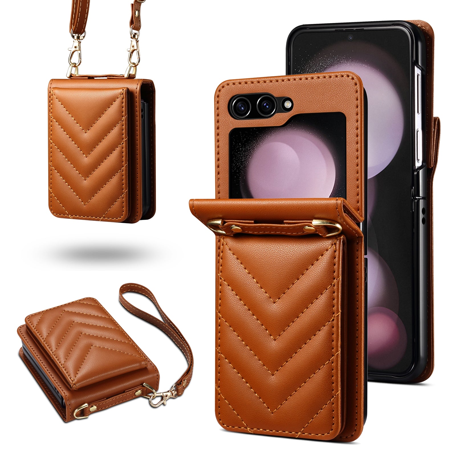 For Samsung Galaxy Z Flip5 5G Phone Case PU Leather+PC Phone Shell Card Holder with Strap