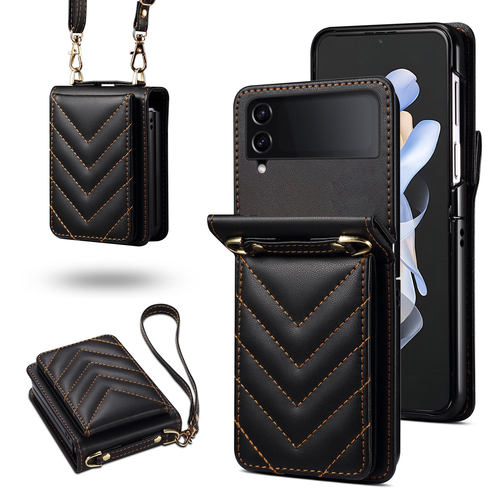 For Samsung Galaxy Z Flip4 5G Case PU Leather+PC Phone Cover Protective Phone Shell with Strap