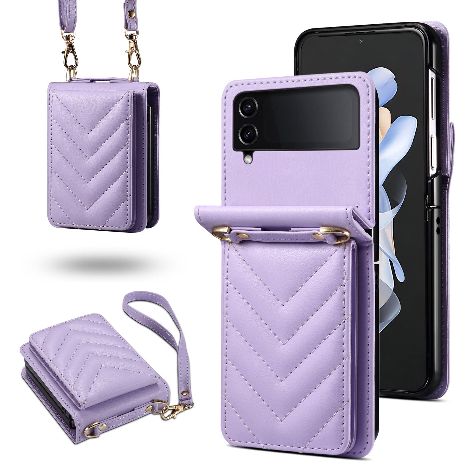 For Samsung Galaxy Z Flip4 5G Case PU Leather+PC Phone Cover Protective Phone Shell with Strap