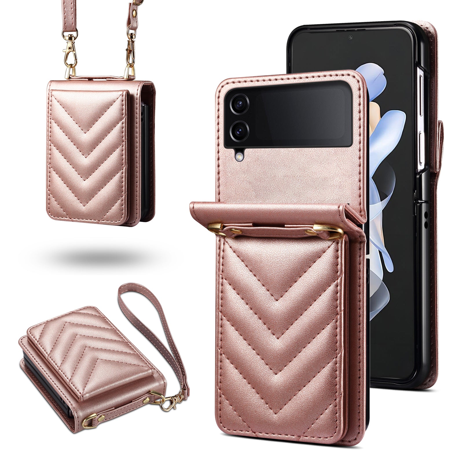 For Samsung Galaxy Z Flip4 5G Case PU Leather+PC Phone Cover Protective Phone Shell with Strap