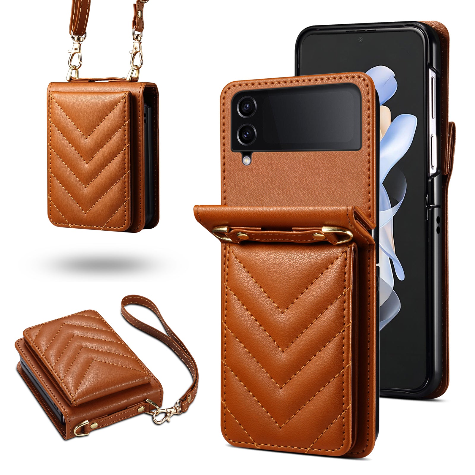For Samsung Galaxy Z Flip3 5G Phone Protector PU Leather+PC Phone Case Phone Shell with Strap