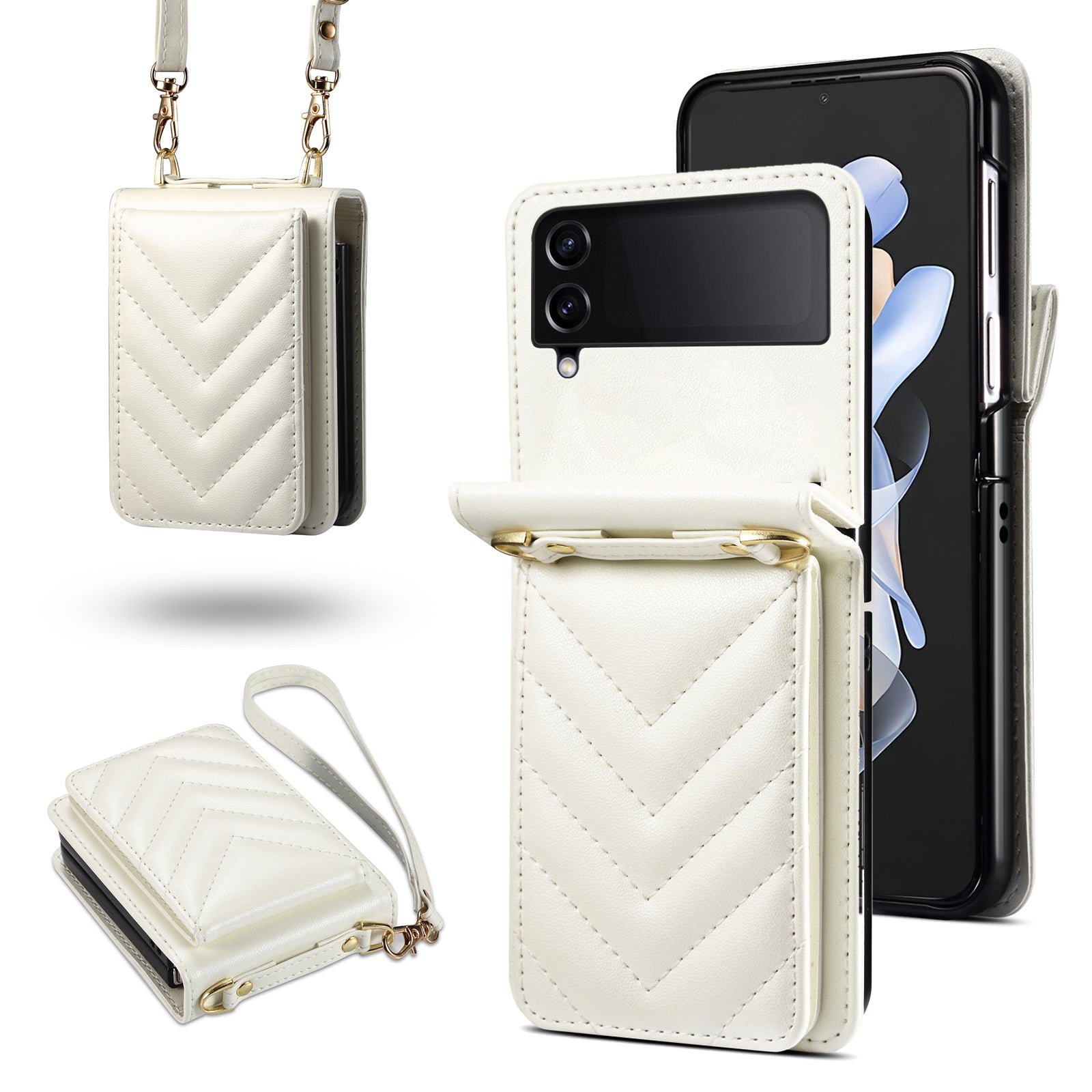 For Samsung Galaxy Z Flip3 5G Phone Protector PU Leather+PC Phone Case Phone Shell with Strap