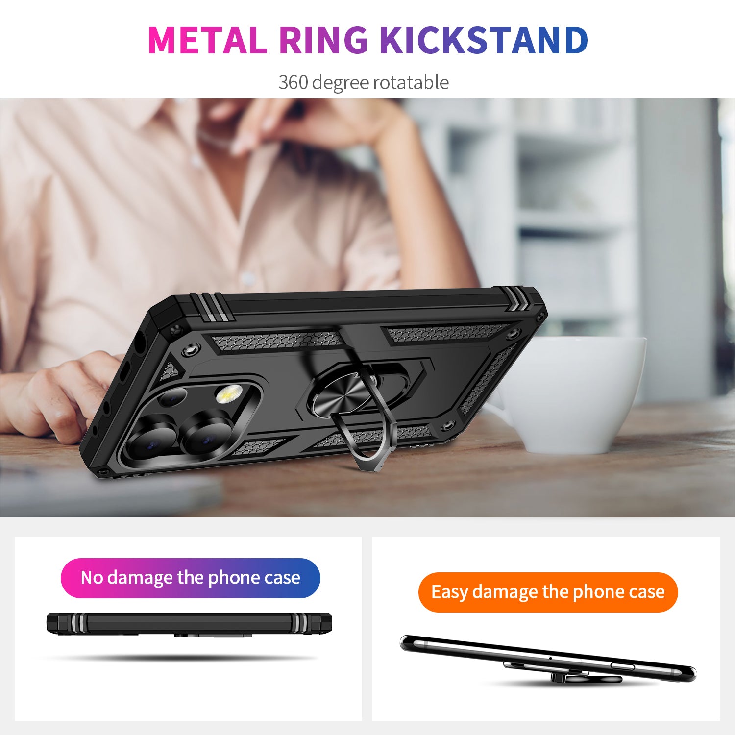 For Xiaomi Redmi Note 13 4G Case PC+TPU Shockproof Phone Cover with Kickstand