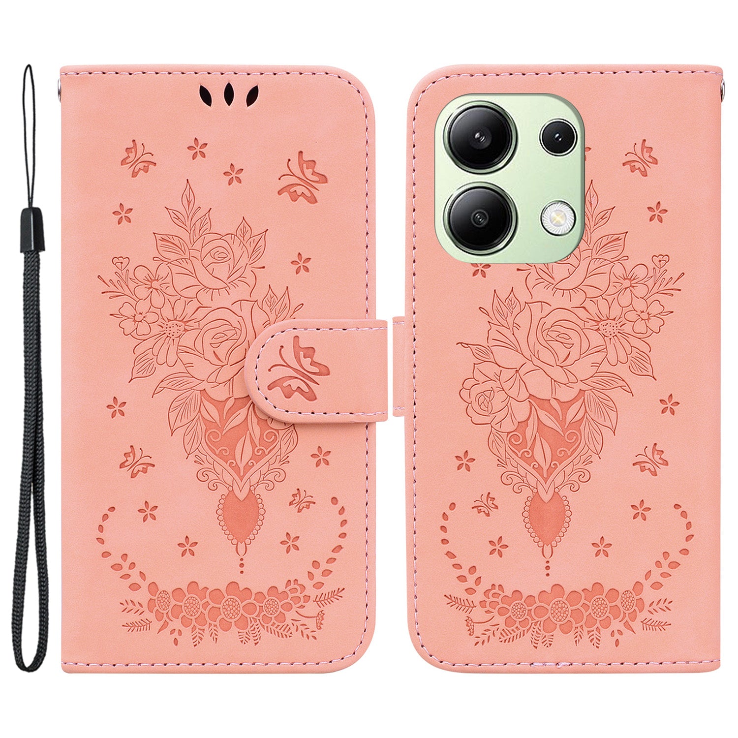 For Xiaomi Redmi Note 13 4G Leather Case Rose Butterfly Phone Cover with Wallet