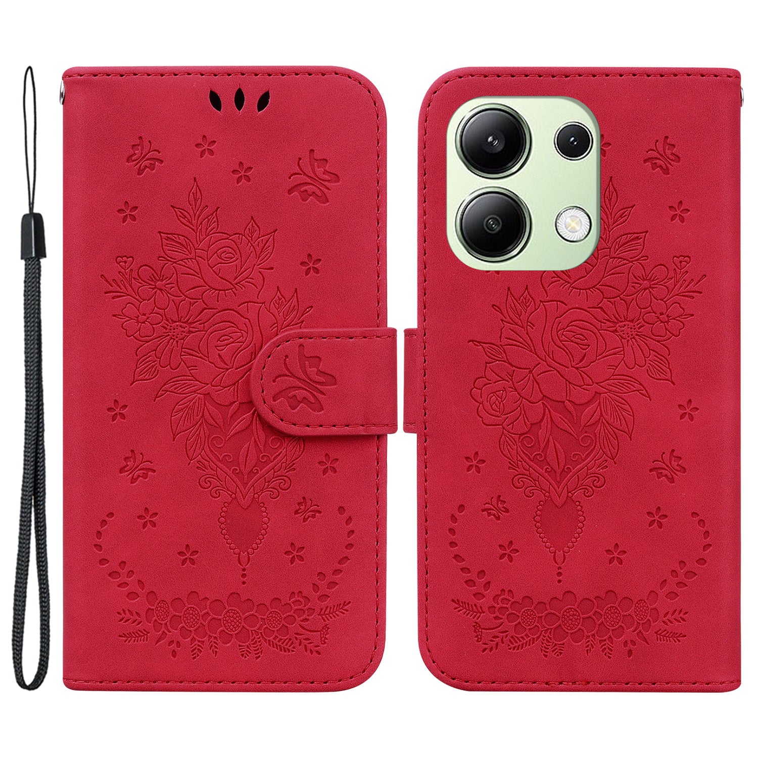 For Xiaomi Redmi Note 13 4G Leather Case Rose Butterfly Phone Cover with Wallet