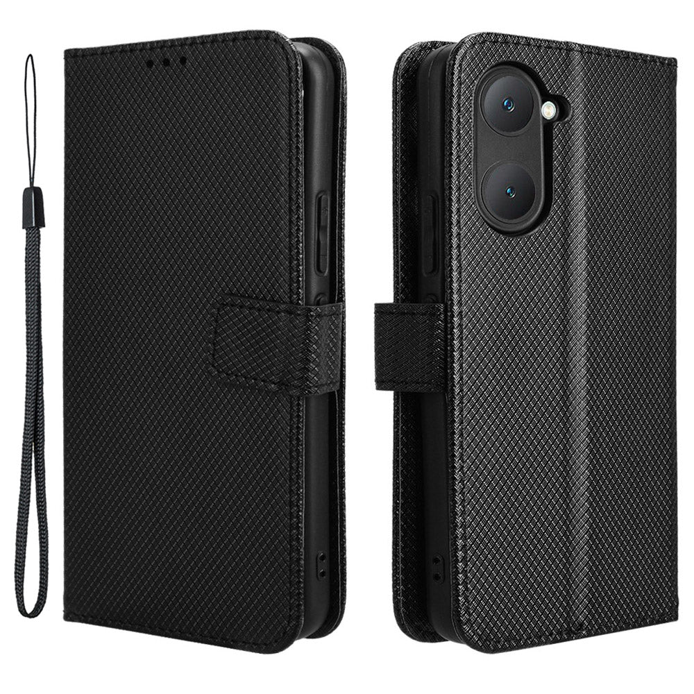 For vivo Y03 Wallet Case Diamond Texture Stand PU Leather Phone Cover