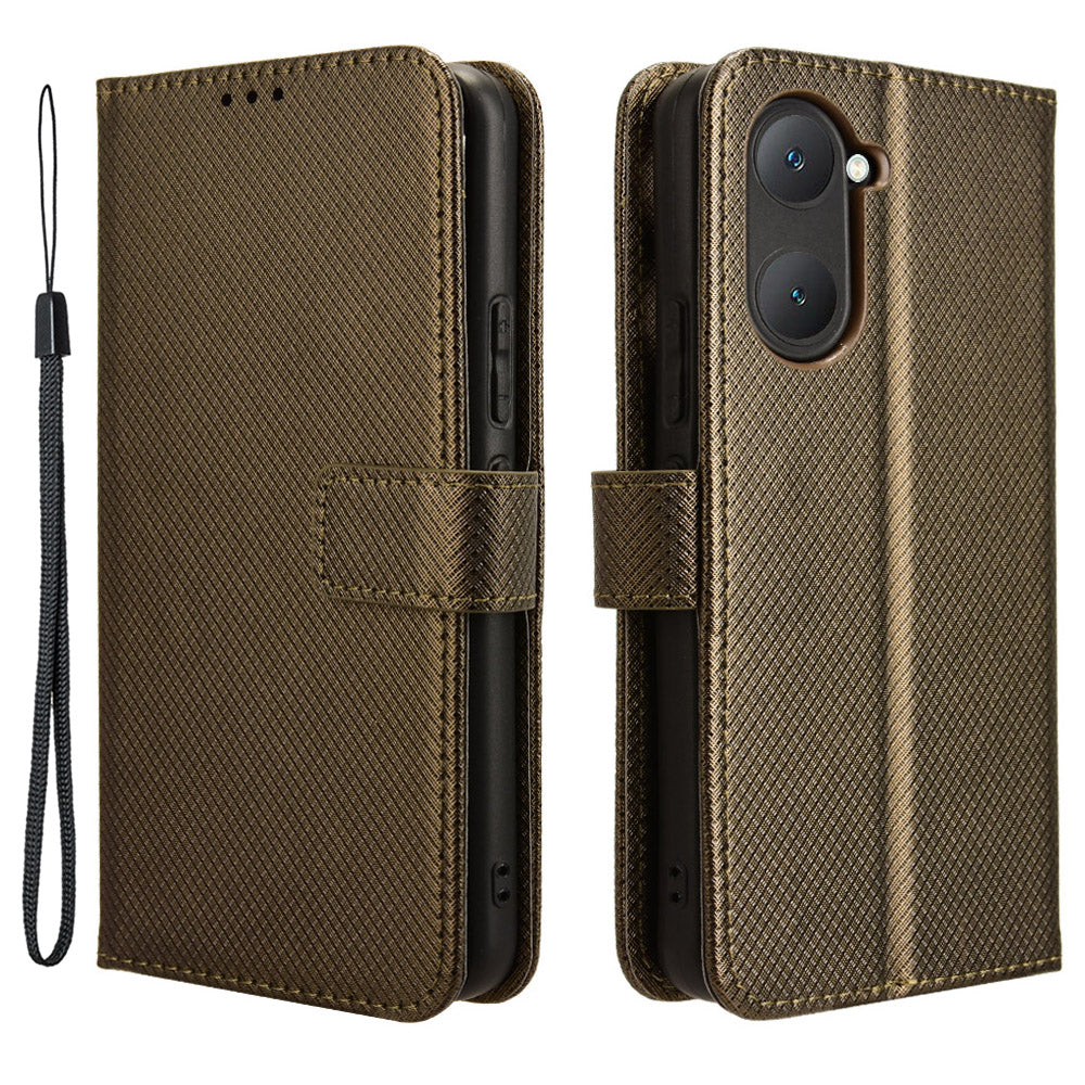 For vivo Y03 Wallet Case Diamond Texture Stand PU Leather Phone Cover