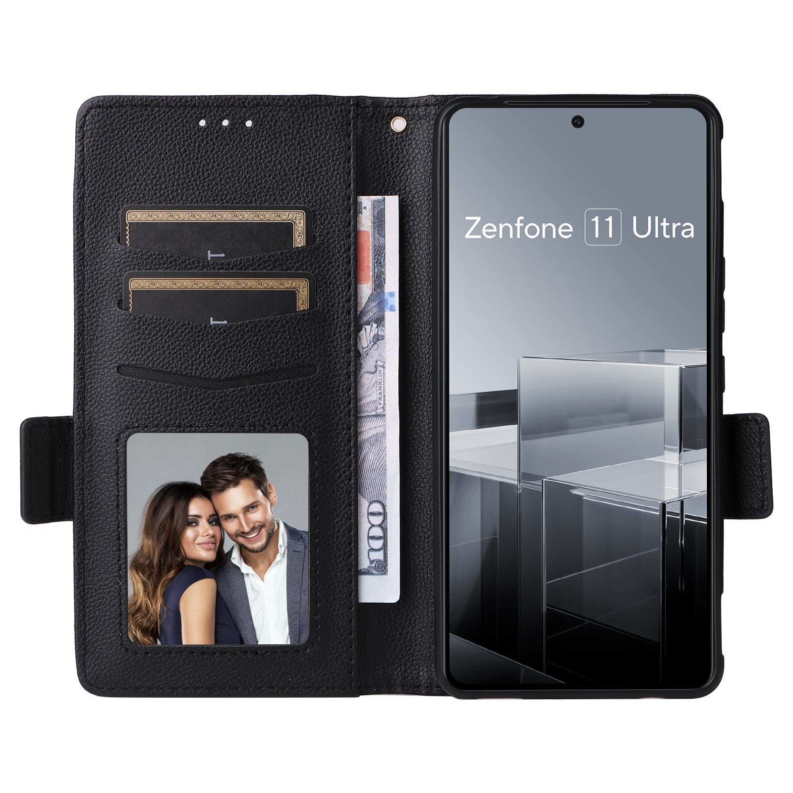 For Asus Zenfone 11 Ultra 5G Case Wallet Leather Litchi Texture Phone Cover with Wrist Strap