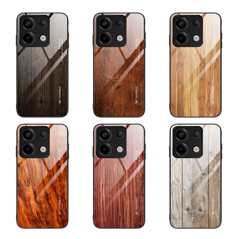 For Xiaomi Redmi Note 13 Pro 5G / Poco X6 5G Wood Texture Case Tempered Glass+TPU Slim-Fit Back Shell