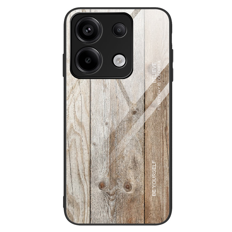 For Xiaomi Redmi Note 13 Pro 5G / Poco X6 5G Wood Texture Case Tempered Glass+TPU Slim-Fit Back Shell