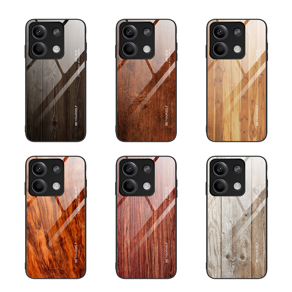 For Xiaomi Redmi Note 13 5G Tempered Glass Case TPU Frame Wood Texture Phone Cover