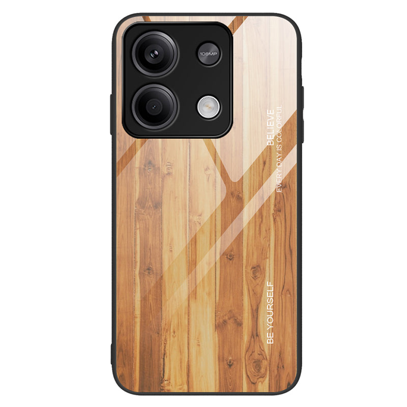 For Xiaomi Redmi Note 13 5G Tempered Glass Case TPU Frame Wood Texture Phone Cover
