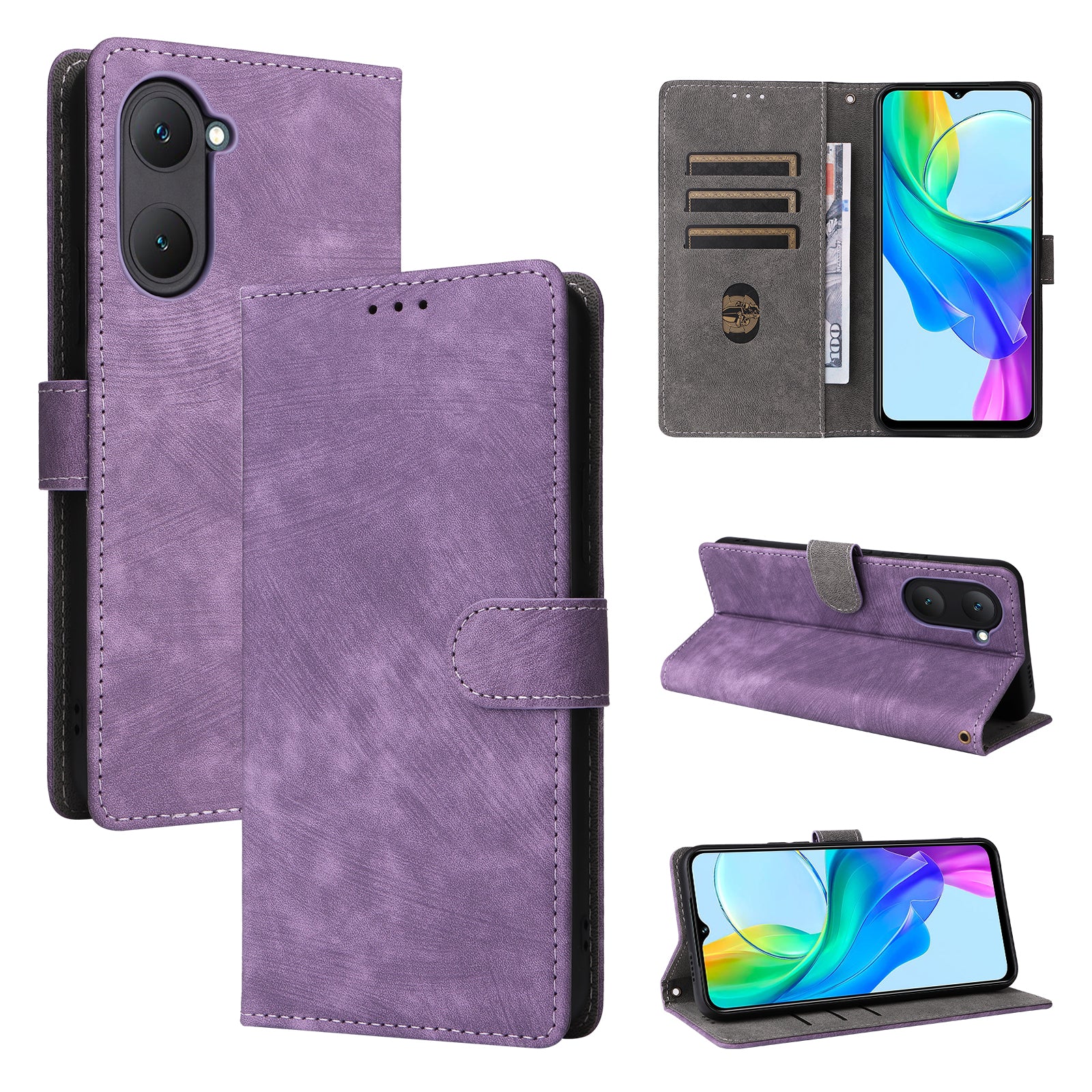 For vivo Y03 Case PU Leather Stand RFID Blocking Flip Phone Cover with Strap