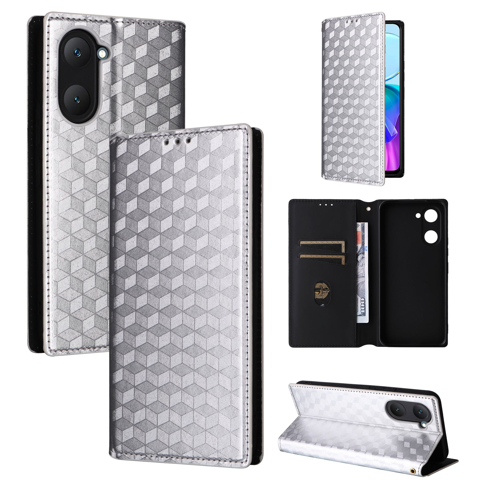 For vivo Y03 Protective Case Magnetic Closing Rhombus Imprinting Leather Phone Shell