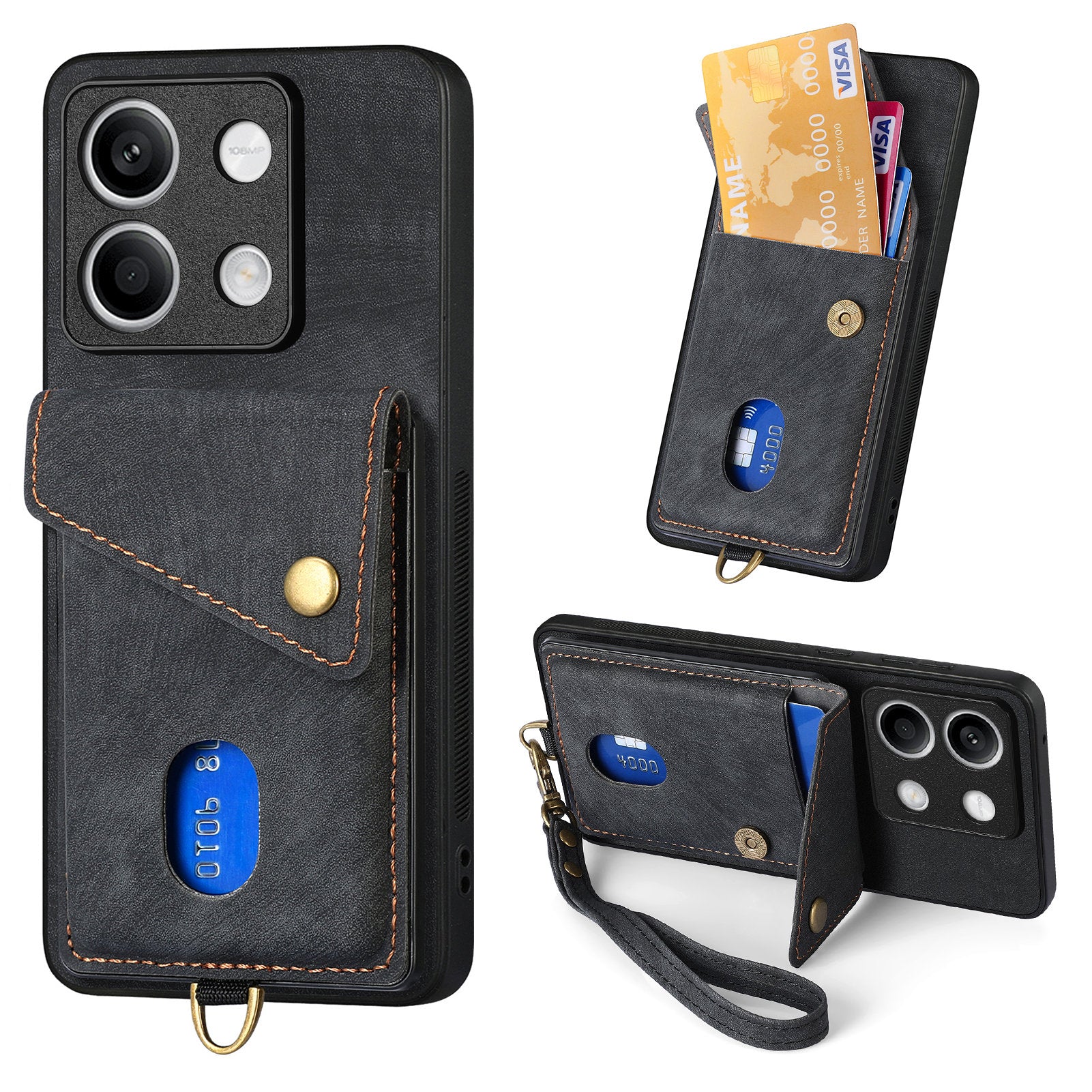 D1 For Xiaomi Redmi Note 13 5G Case PU+TPU Card Slot Phone Cover with Kickstand