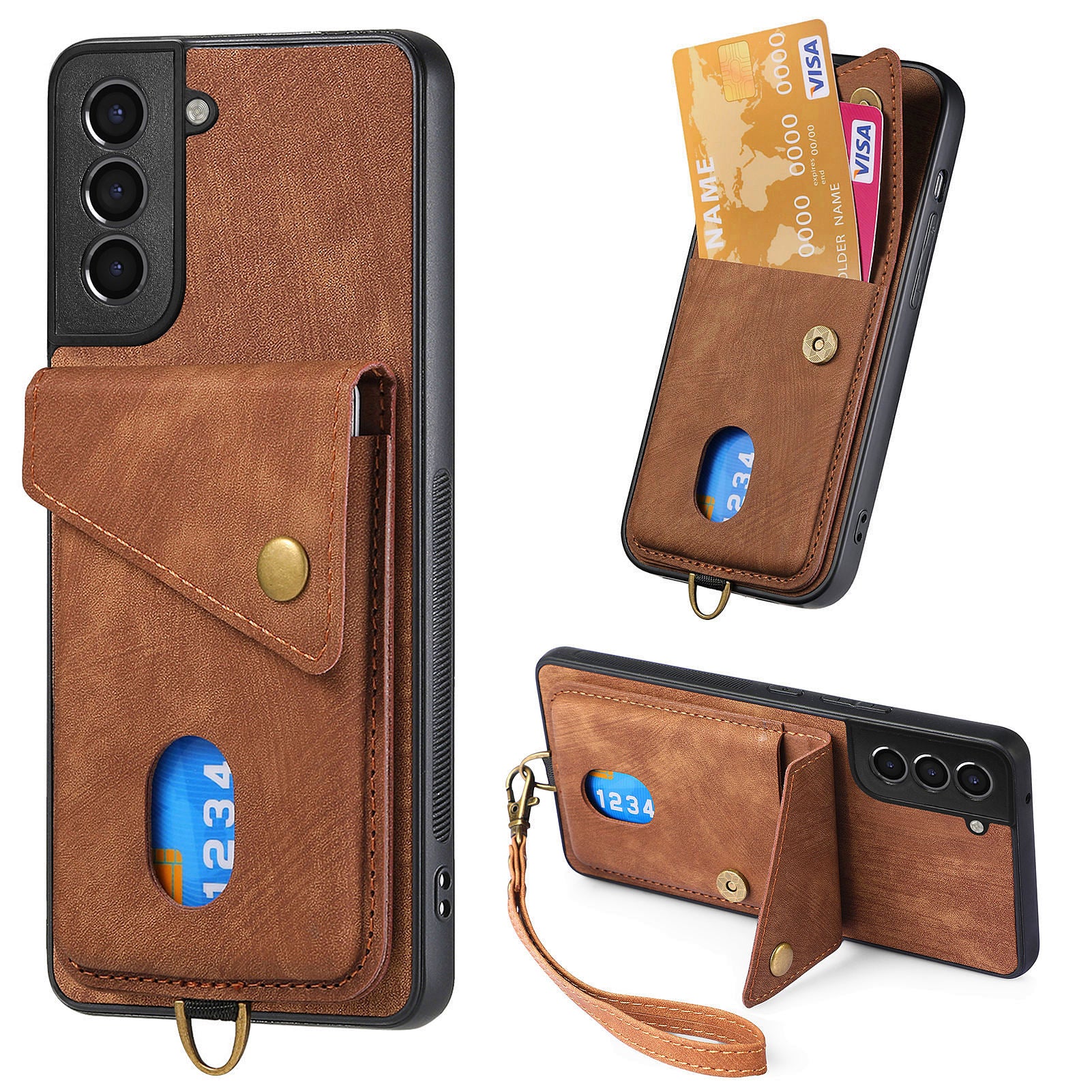D1 For Samsung Galaxy S21 FE 5G Case Retro PU Leather Coated TPU Cover with Card Holder Kickstand