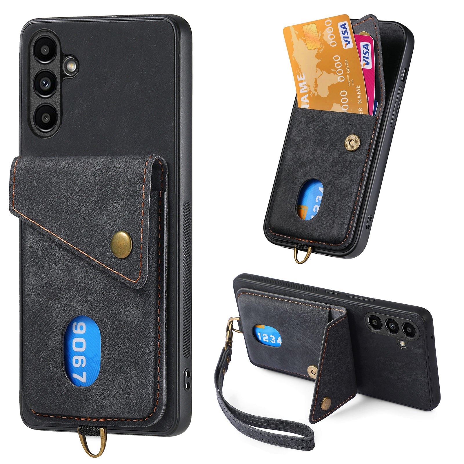 D1 For Samsung Galaxy M14 4G Case Leather Coated TPU Phone Card Bag Kickstand