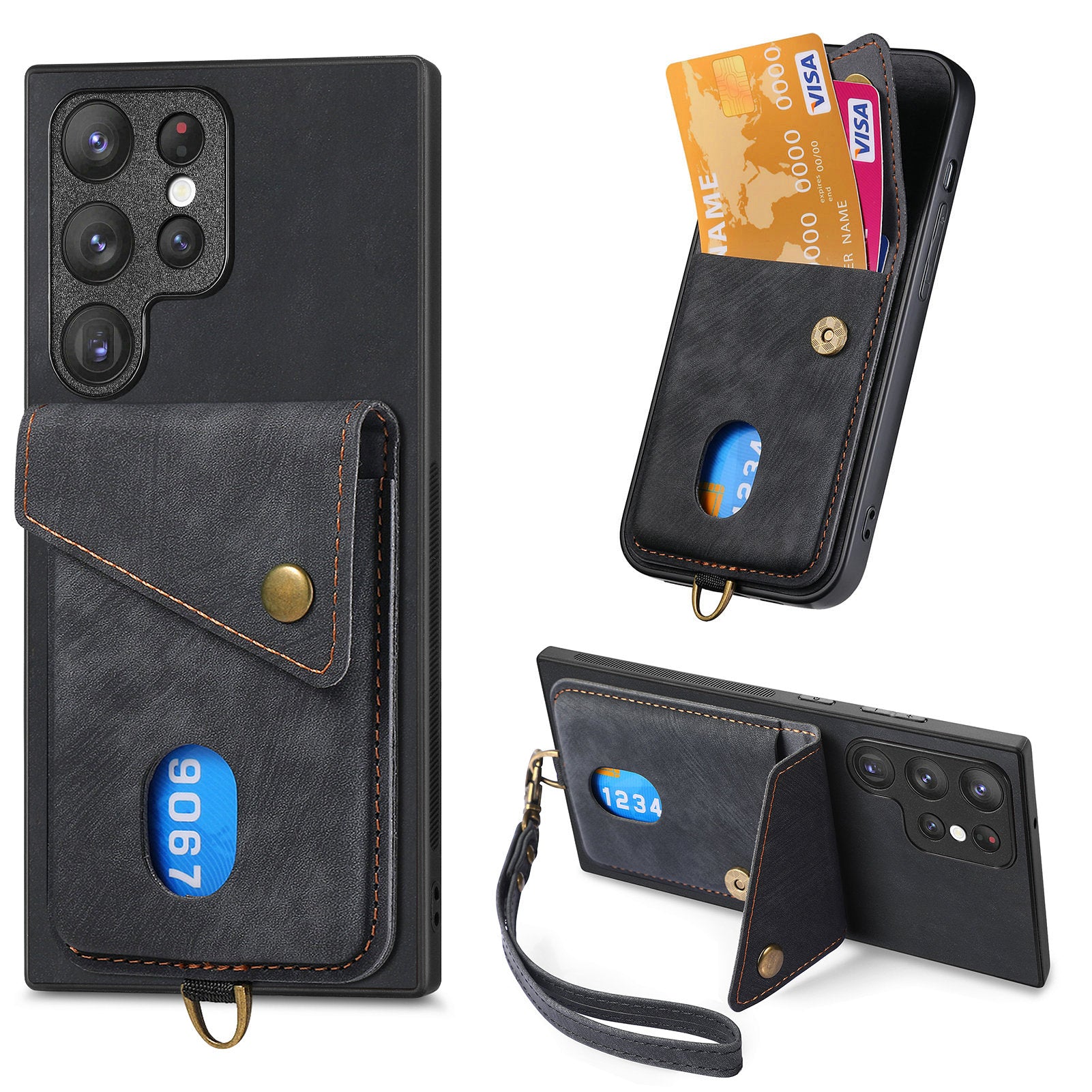D1 For Samsung Galaxy S23 Ultra Phone Card Case Leather Coated TPU Kickstand Cover