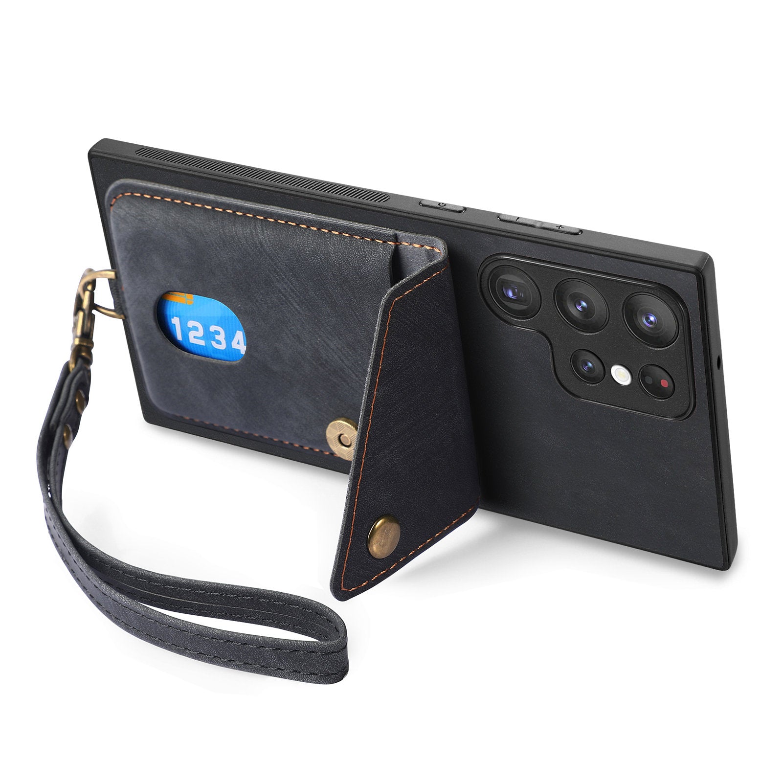 D1 For Samsung Galaxy S23 Ultra Phone Card Case Leather Coated TPU Kickstand Cover