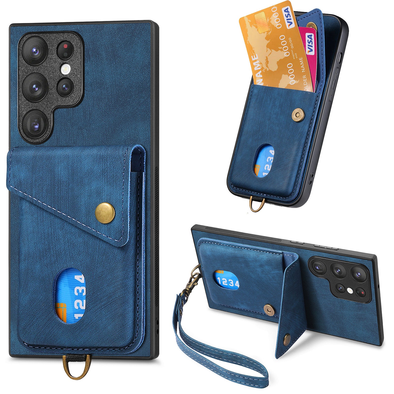D1 For Samsung Galaxy S23 Ultra Phone Card Case Leather Coated TPU Kickstand Cover