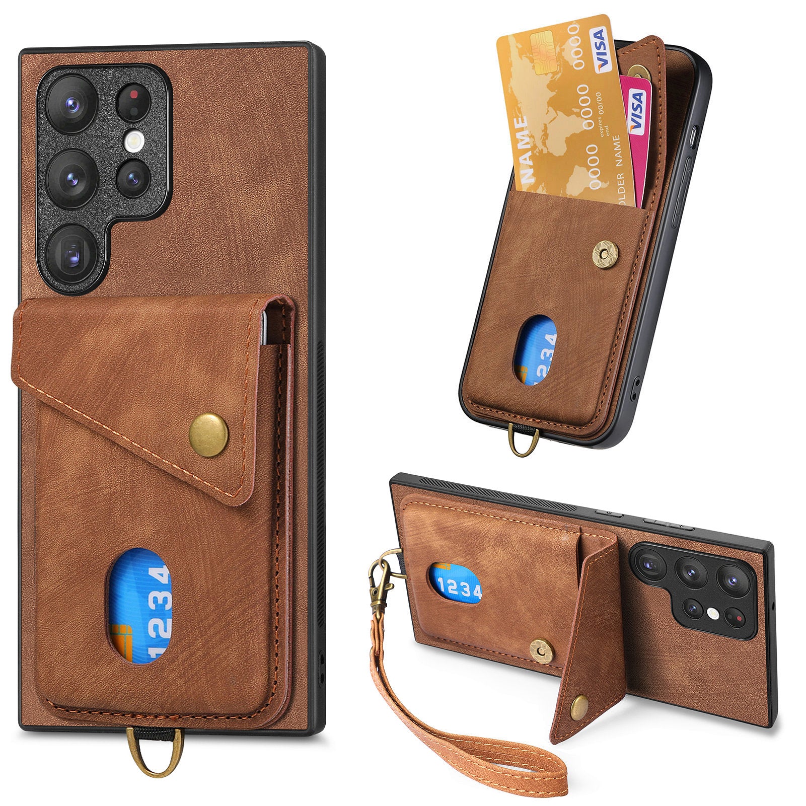D1 For Samsung Galaxy S23 Ultra Phone Card Case Leather Coated TPU Kickstand Cover