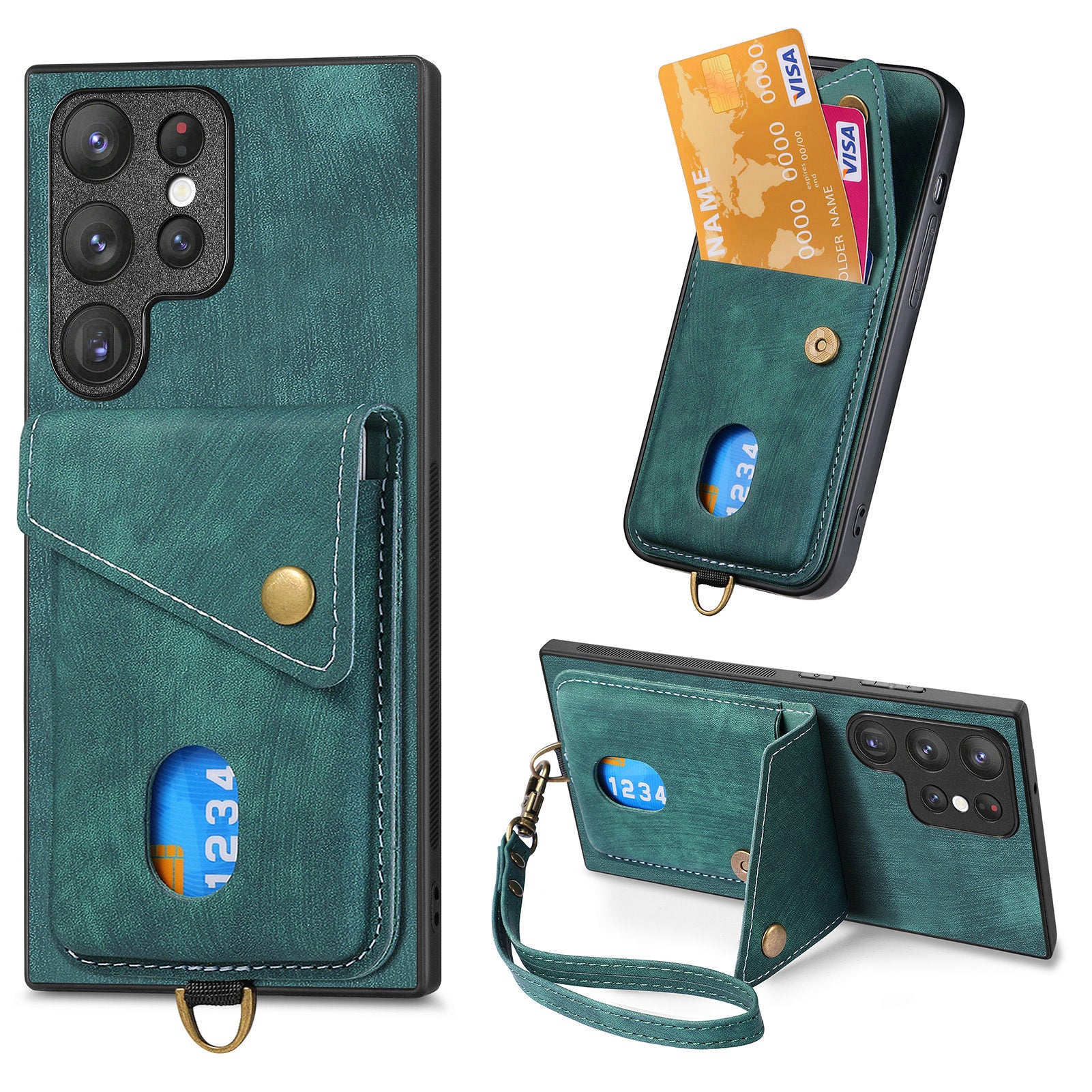 D1 For Samsung Galaxy S23 Ultra Phone Card Case Leather Coated TPU Kickstand Cover
