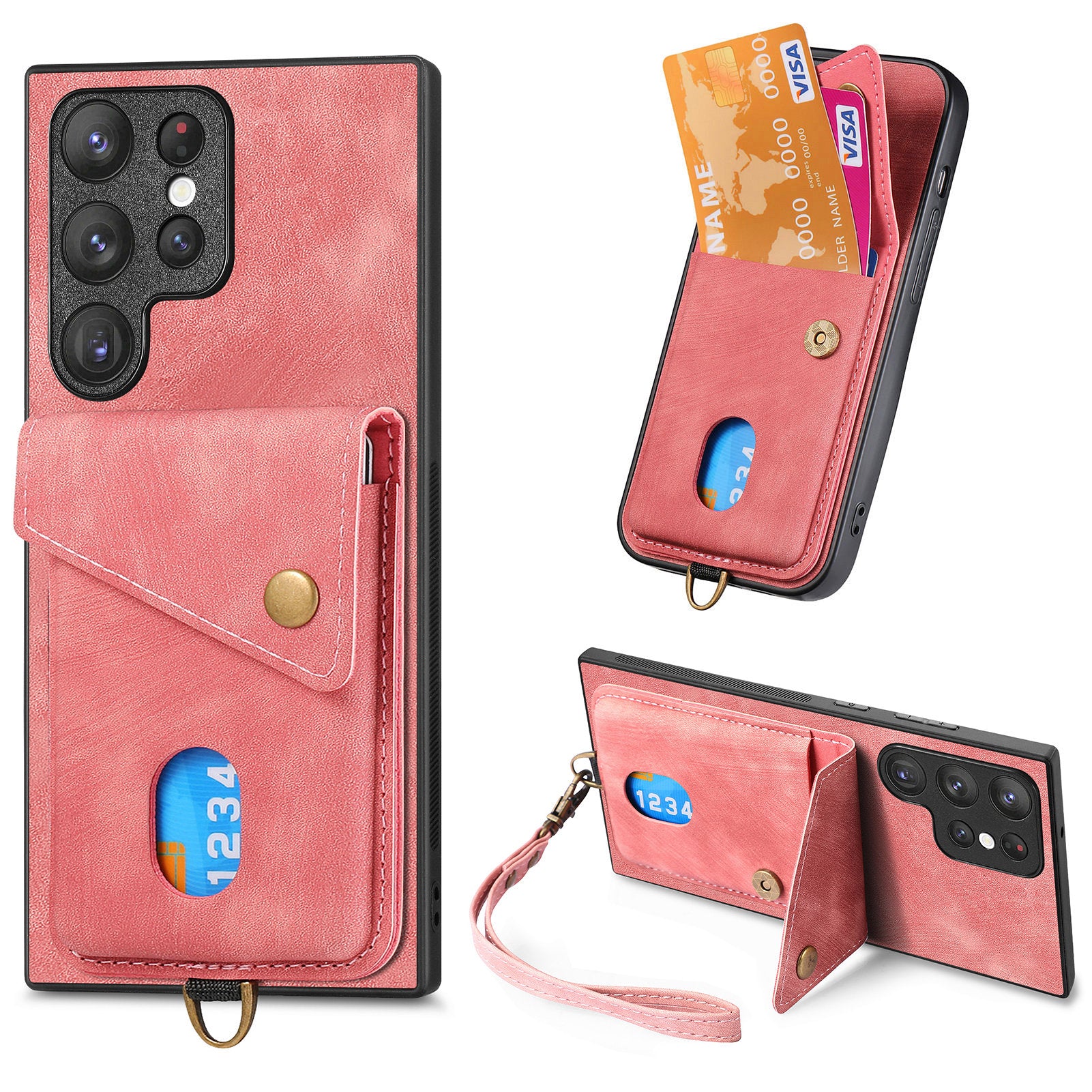 D1 For Samsung Galaxy S23 Ultra Phone Card Case Leather Coated TPU Kickstand Cover