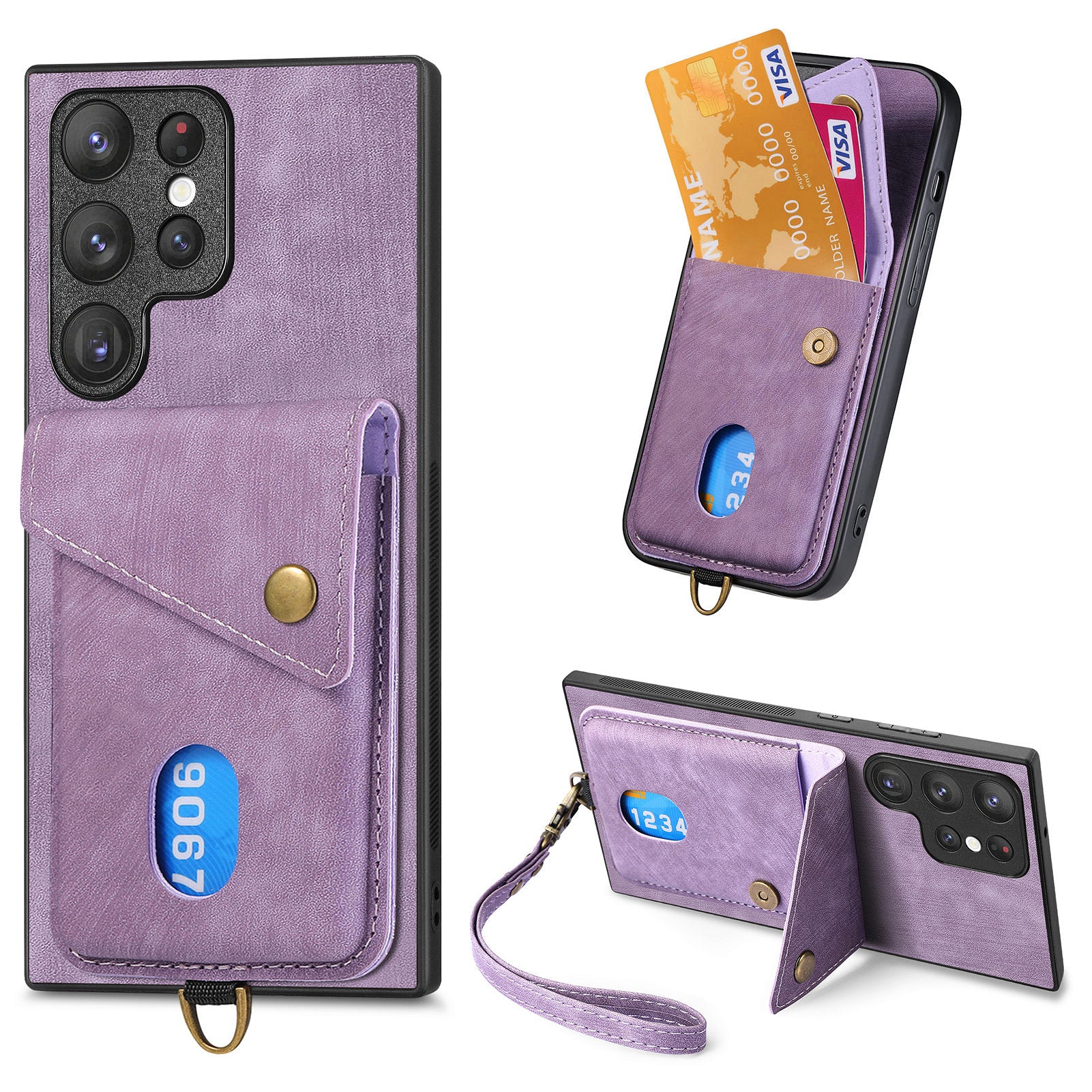 D1 For Samsung Galaxy S23 Ultra Phone Card Case Leather Coated TPU Kickstand Cover