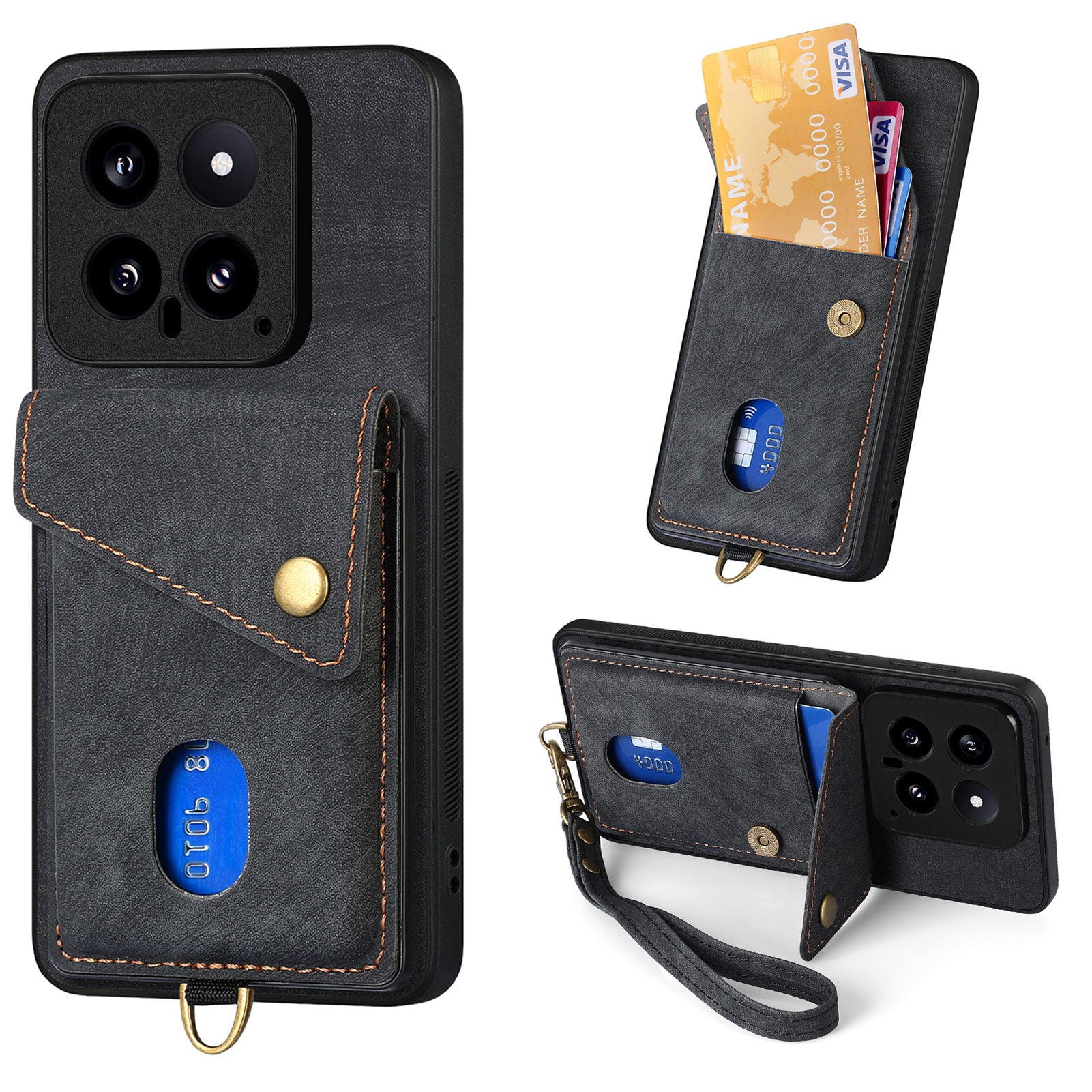 D1 For Xiaomi 14 Case Card Slots PU Leather Coated TPU Magnetic Car Mount Phone Cover