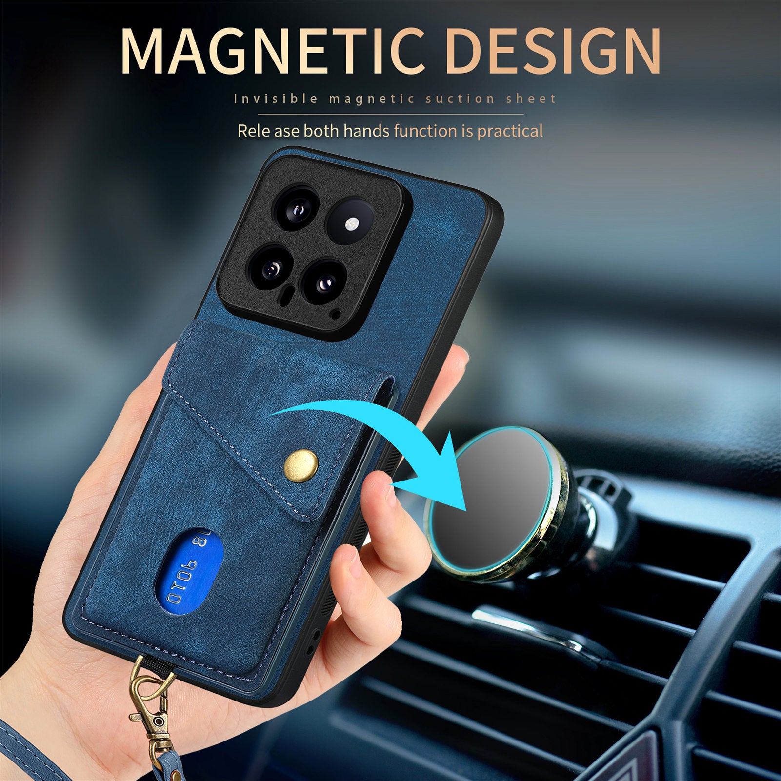 D1 For Xiaomi 14 Case Card Slots PU Leather Coated TPU Magnetic Car Mount Phone Cover