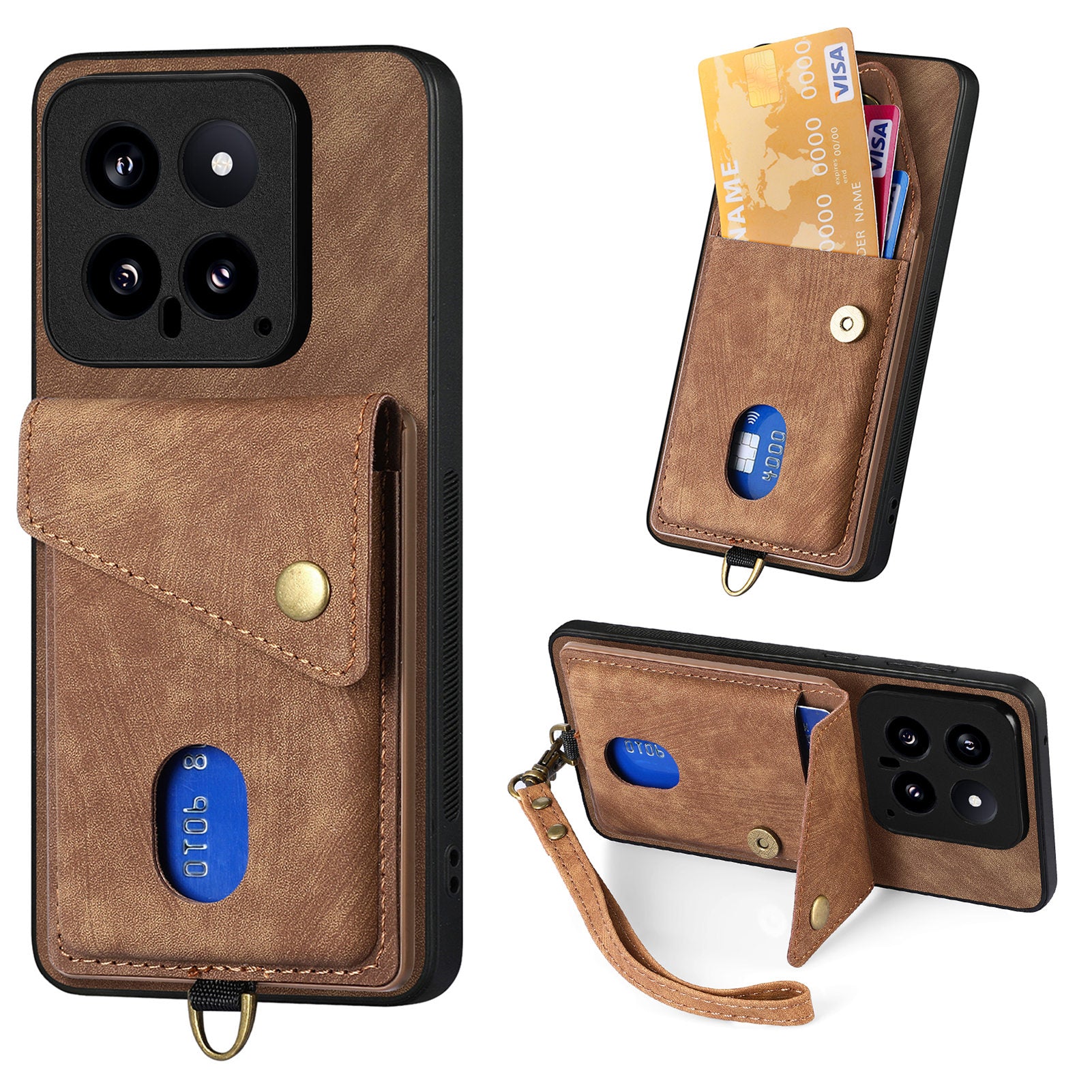 D1 For Xiaomi 14 Case Card Slots PU Leather Coated TPU Magnetic Car Mount Phone Cover