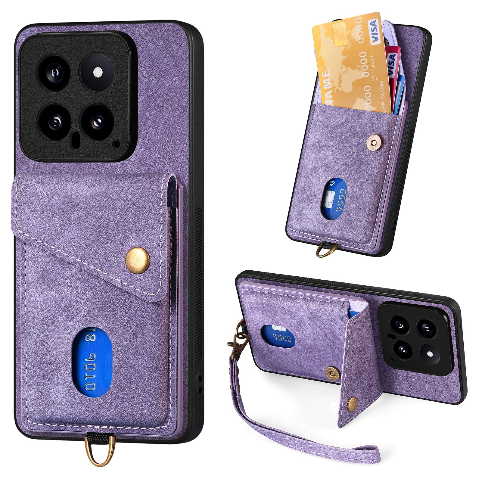 D1 For Xiaomi 14 Case Card Slots PU Leather Coated TPU Magnetic Car Mount Phone Cover