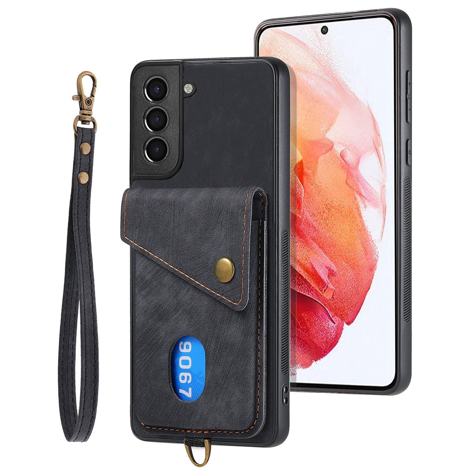 D1 For Samsung Galaxy S21+ 5G Case Card Slot Leather + TPU Phone Cover with Strap