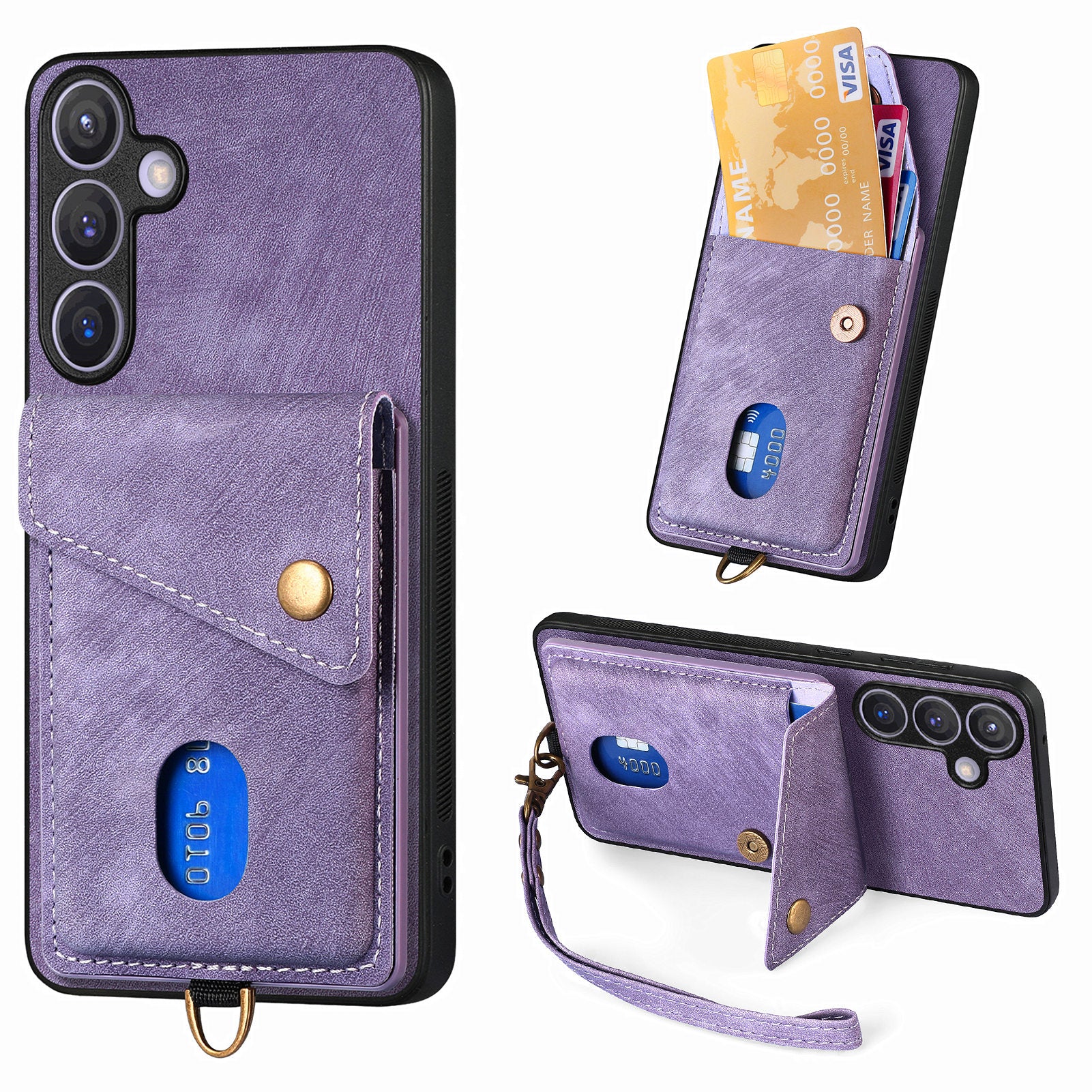 D1 For Samsung Galaxy S24 Case Card Holder Retro Leather+TPU Phone Cover with Kickstand