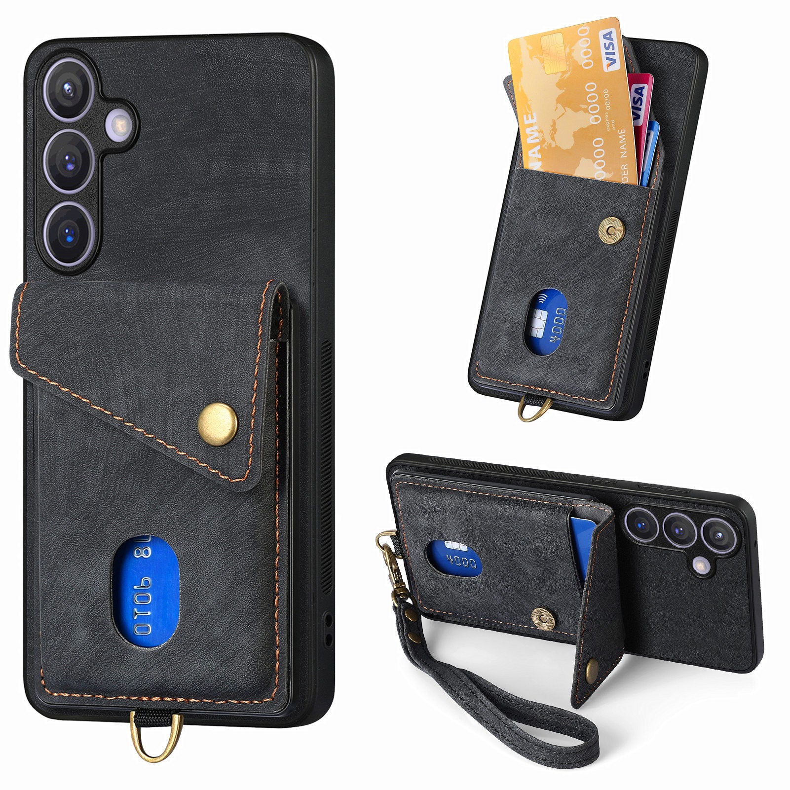 D1 For Samsung Galaxy S24 Case Card Holder Retro Leather+TPU Phone Cover with Kickstand