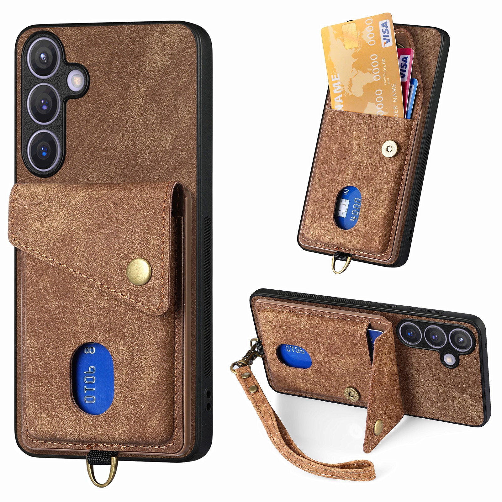D1 For Samsung Galaxy S24 Case Card Holder Retro Leather+TPU Phone Cover with Kickstand