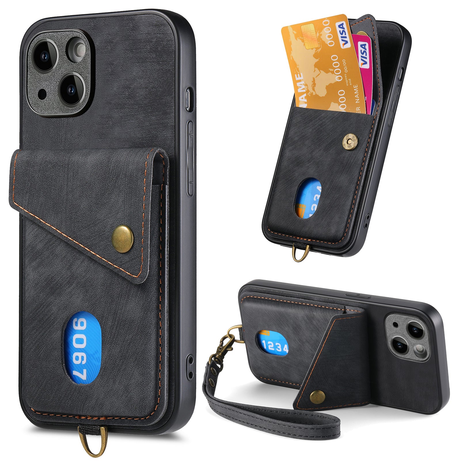 D1 For iPhone 13 Case Card Holder Retro PU+TPU Phone Case with Kickstand