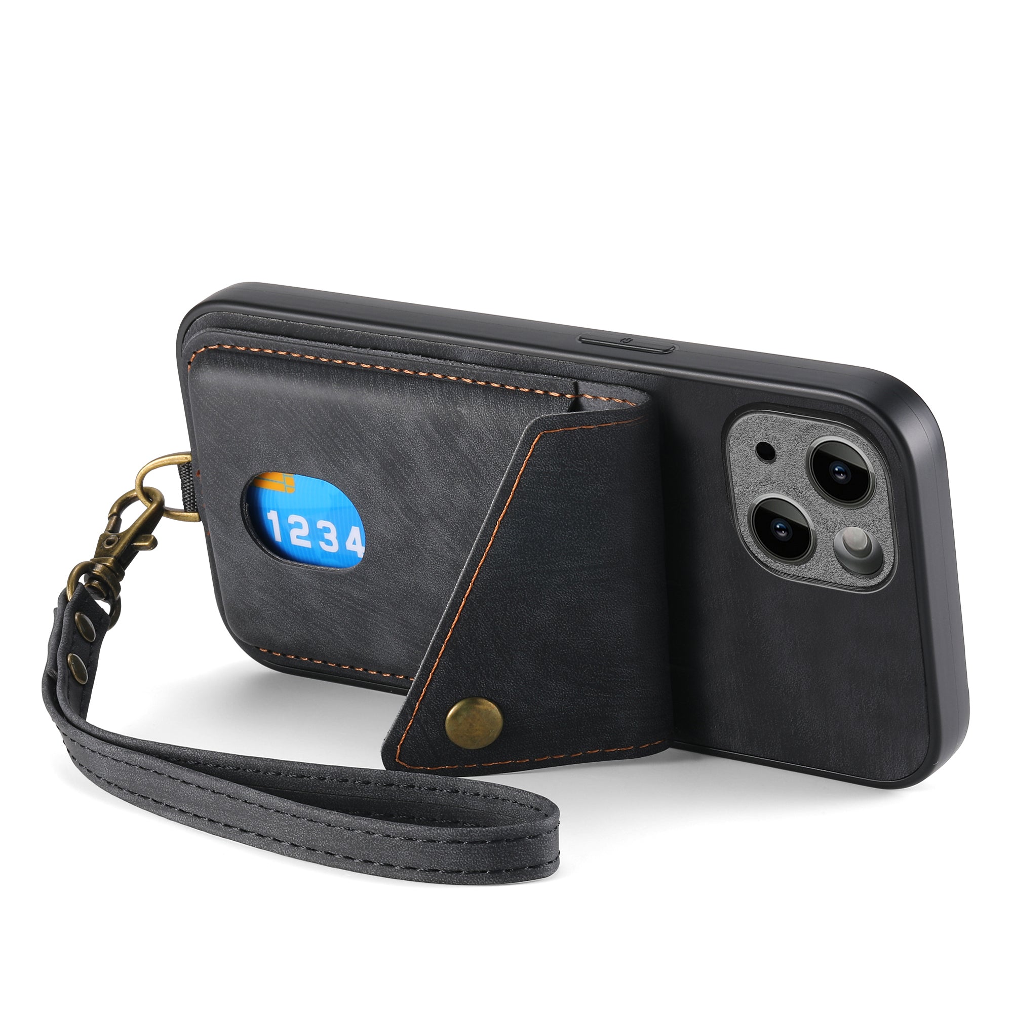 D1 For iPhone 13 Case Card Holder Retro PU+TPU Phone Case with Kickstand