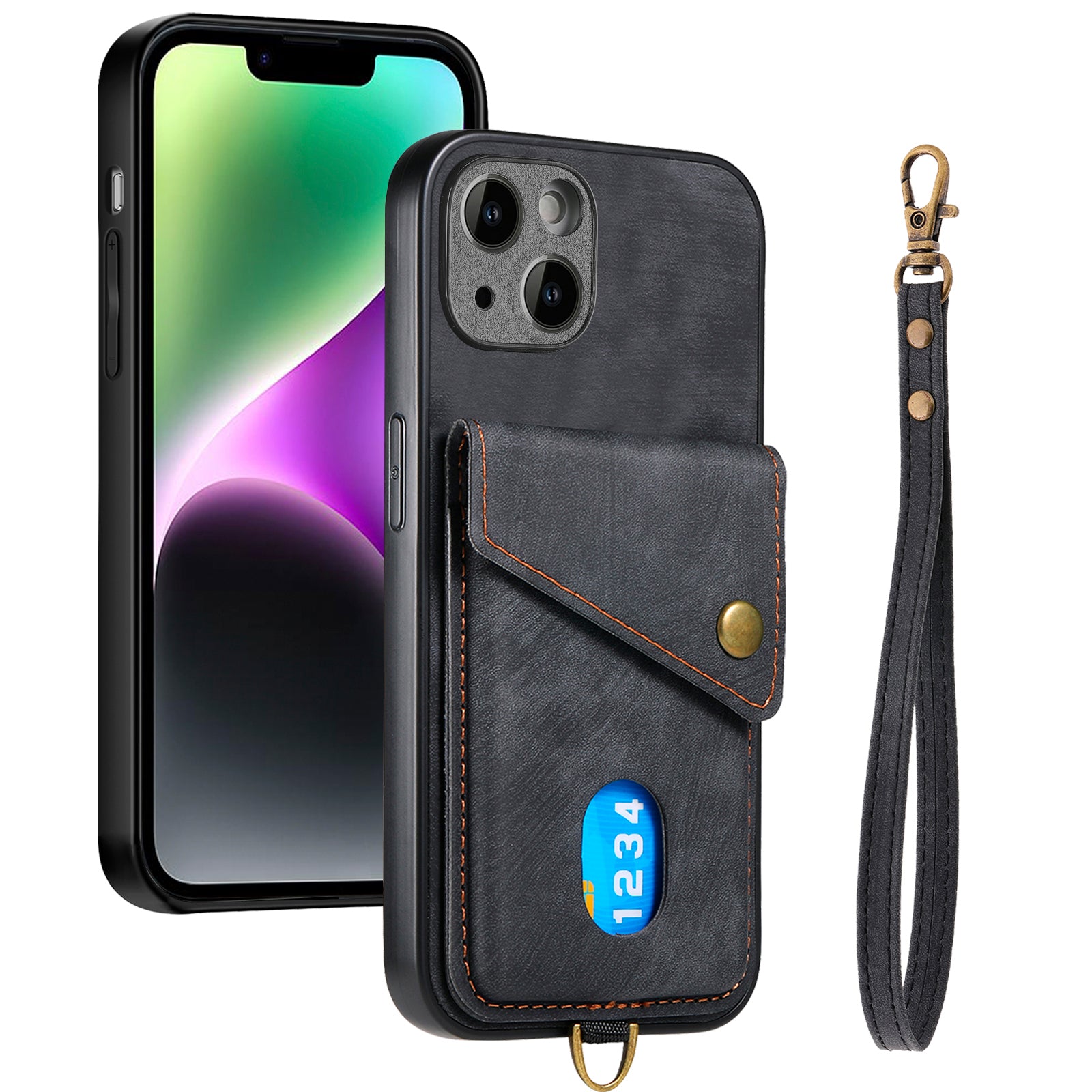 D1 For iPhone 13 Case Card Holder Retro PU+TPU Phone Case with Kickstand